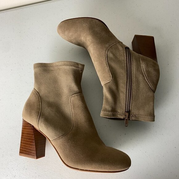 Sole Society Cassity Sock Bootie Heeled Tan Faux Suede Block Heel Womens 6M - Picture 2 of 9